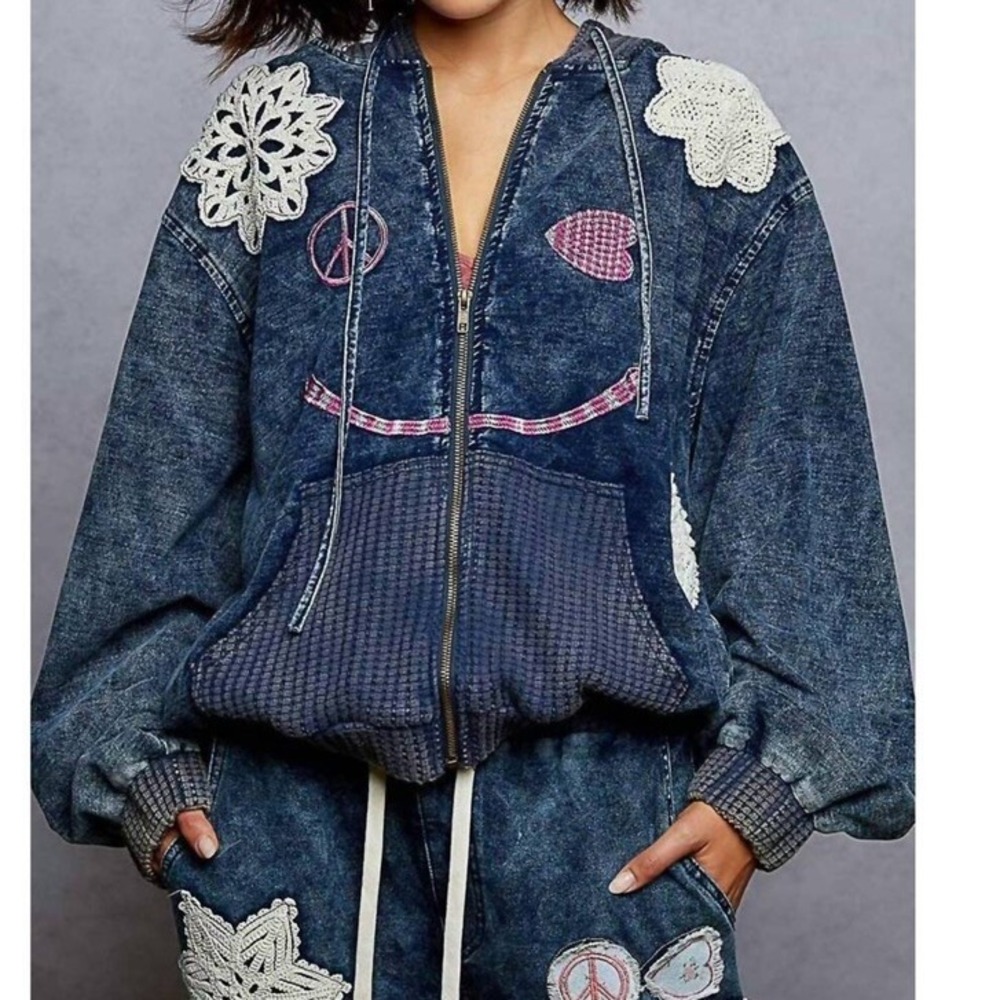 POL Peace Denim Hooded Jacket Boho Patchwork Zip Shabby Chic Cotton Crochet Sz M